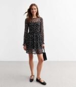 Black Polka Dot Mesh Long Sleeve Mini Smock Dress