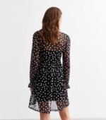 Black Polka Dot Mesh Long Sleeve Mini Smock Dress - Image 2