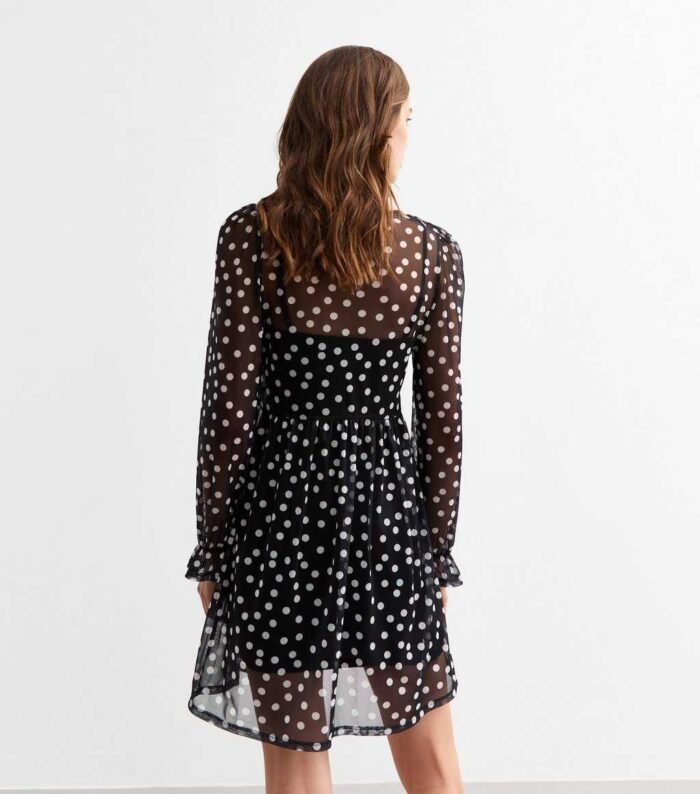 Black Polka Dot Mesh Long Sleeve Mini Smock Dress - Image 2