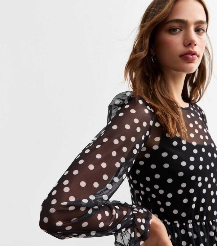 Black Polka Dot Mesh Long Sleeve Mini Smock Dress - Image 3