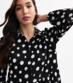 Black Polka Dot Crinkled Smock Shirt Dress - Image 3