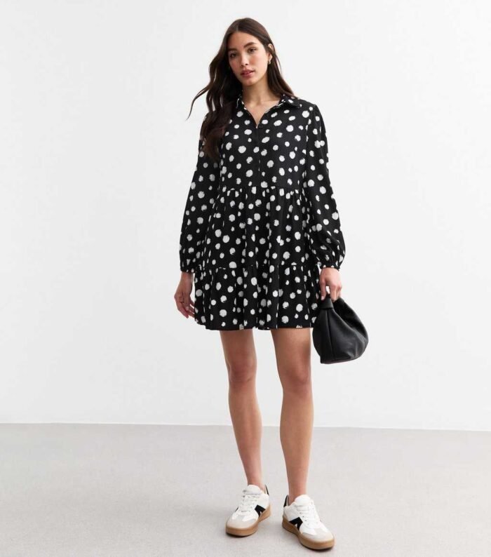 Black Polka Dot Crinkled Smock Shirt Dress - Image 4