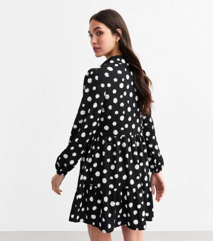 Black Polka Dot Crinkled Smock Shirt Dress - Image 2