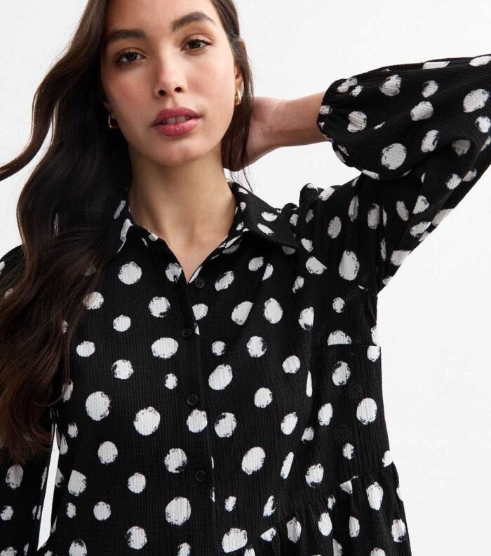 Black Polka Dot Crinkled Smock Shirt Dress - Image 3
