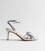 Wide Fit Silver Leather-Look Embellished Bow Mid Stiletto Heels - Image 5