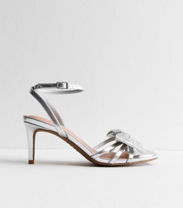 Wide Fit Silver Leather-Look Embellished Bow Mid Stiletto Heels - Image 5