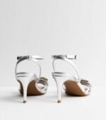 Wide Fit Silver Leather-Look Embellished Bow Mid Stiletto Heels - Image 4