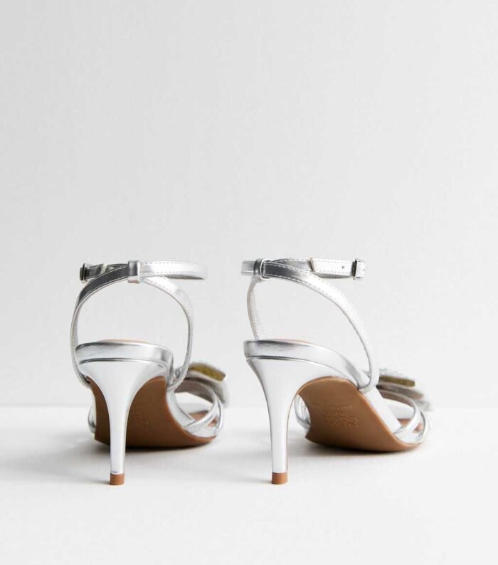 Wide Fit Silver Leather-Look Embellished Bow Mid Stiletto Heels - Image 4