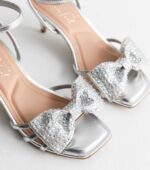 Wide Fit Silver Leather-Look Embellished Bow Mid Stiletto Heels - Image 2