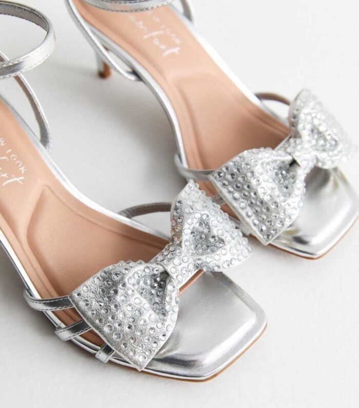 Wide Fit Silver Leather-Look Embellished Bow Mid Stiletto Heels - Image 2