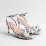 Wide Fit Silver Leather-Look Embellished Bow Mid Stiletto Heels