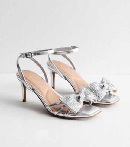 Wide Fit Silver Leather-Look Embellished Bow Mid Stiletto Heels