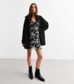 Black Chiffon Floral Print Mini Dress - Image 4