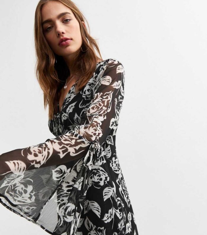 Black Chiffon Floral Print Mini Dress - Image 3