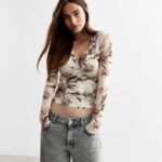 Brown Wrap Long Sleeve Mesh Top