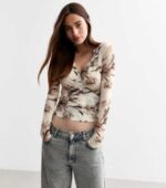 Brown Wrap Long Sleeve Mesh Top