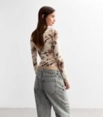 Brown Wrap Long Sleeve Mesh Top - Image 2