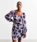 Purple Blur Floral Print Chiffon Mini Dress