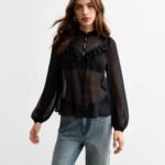 Black Frilly Trimmed Chiffon Blouse