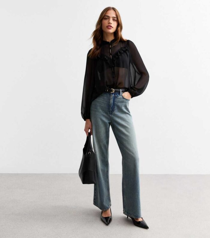 Black Frilly Trimmed Chiffon Blouse - Image 4