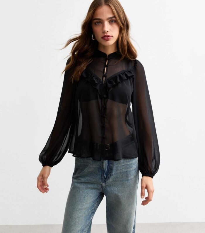 Black Frilly Trimmed Chiffon Blouse - Image 3