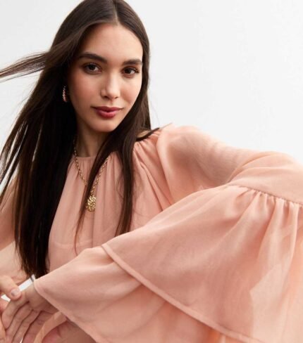 Pink Chiffon Bell Sleeve Blouse