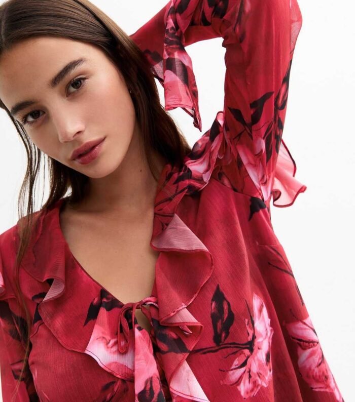 Red Rose Print Ruffle Trim Long Sleeve Mini Dress - Image 3