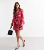Red Rose Print Ruffle Trim Long Sleeve Mini Dress