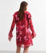 Red Rose Print Ruffle Trim Long Sleeve Mini Dress - Image 2