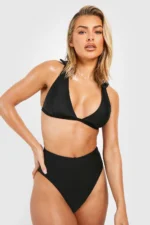 Plain Tie Shoulder Triangle Bikini Top & High Waist Bikini Bottoms Set - Image 5