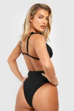 Plain Tie Shoulder Triangle Bikini Top & High Waist Bikini Bottoms Set - Image 4