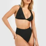 Plain Tie Shoulder Triangle Bikini Top & High Waist Bikini Bottoms Set