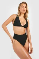 Plain Tie Shoulder Triangle Bikini Top & High Waist Bikini Bottoms Set