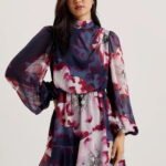 Women's Mini Dress Navy Long Sleeve with Neckline with Print Ted Baker 278561